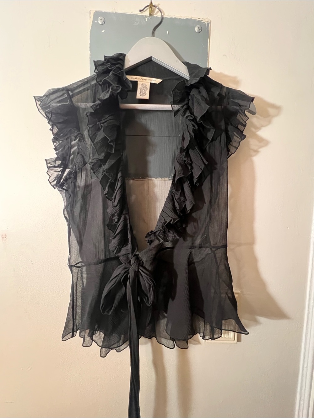 Diane Von Furstenberg Black Sheer Ruffle Tie-Front Blouse